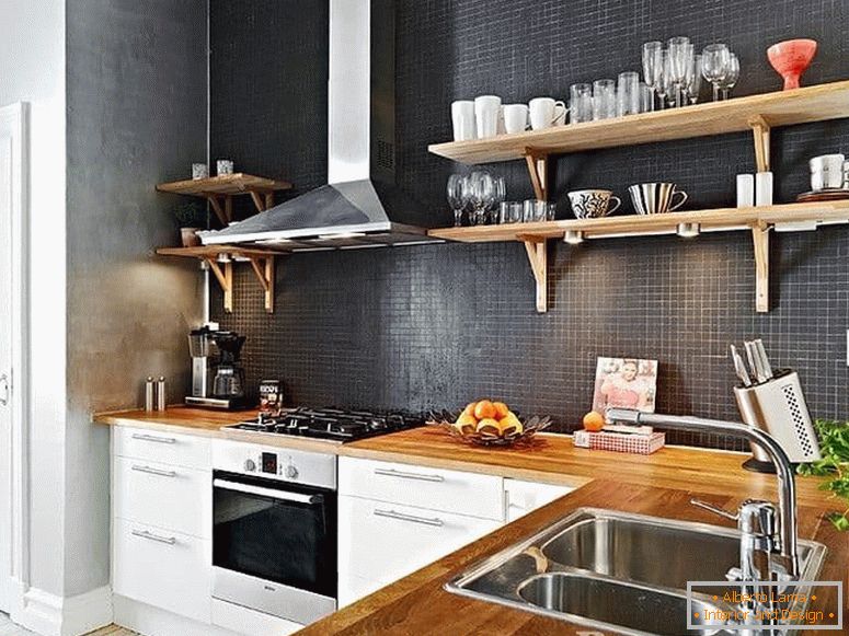 Corner kitchen with shelves made of wood for storing dishes