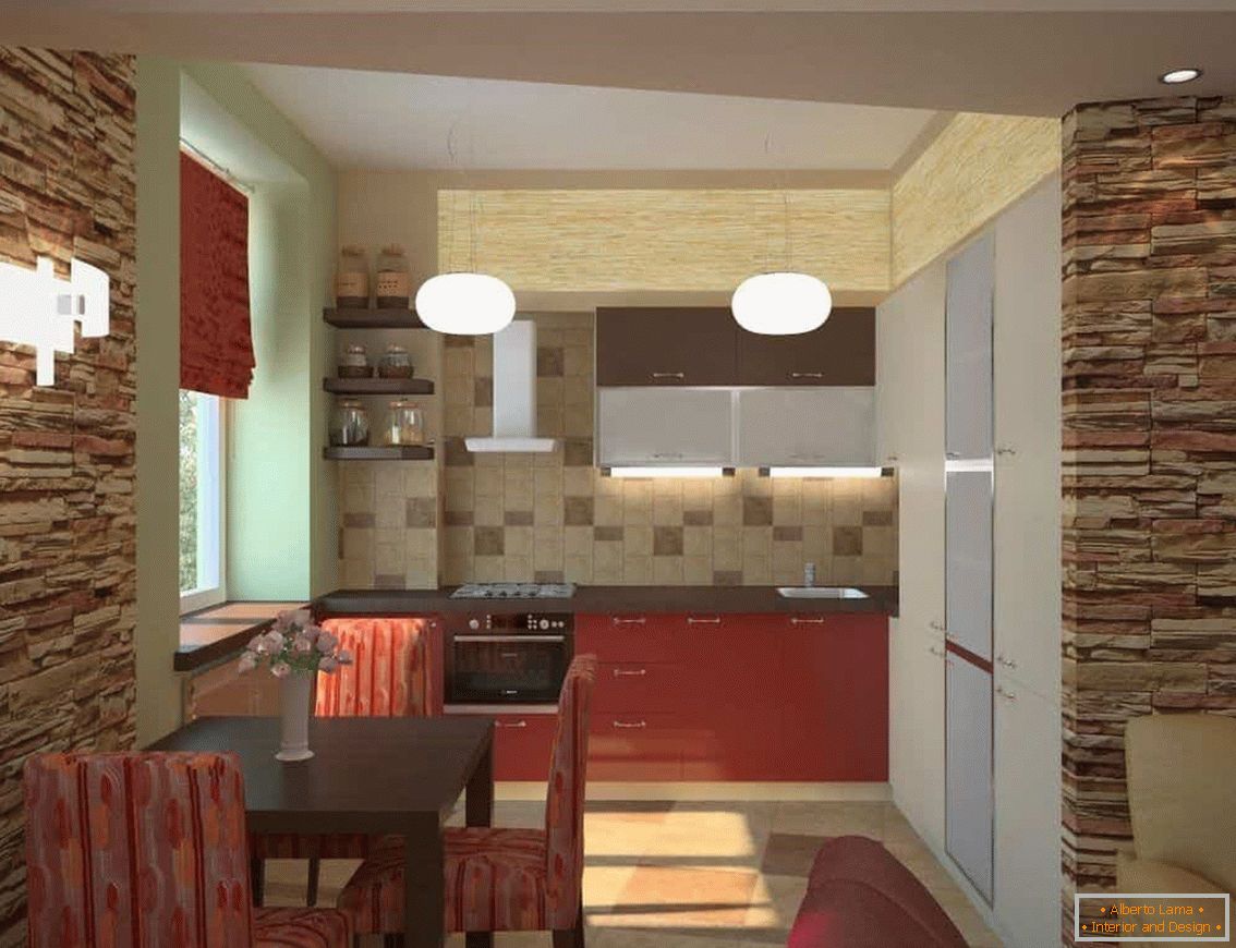 Artificial stone in the decoration of the walls in the living room combined with the kitchen in Khrushchev