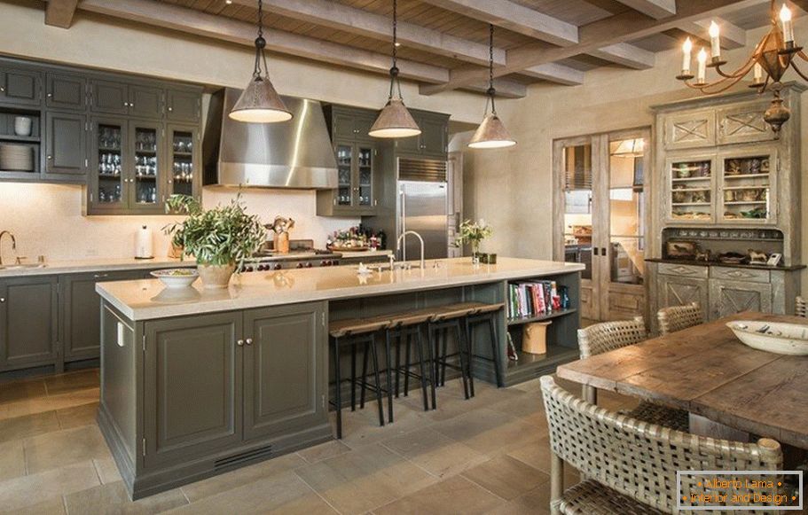 Kitchen design with beams on the ceiling in the house