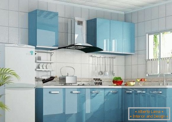 Design corner kitchen in a private house - photo in blue color