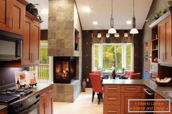 kitchen interior with fireplace photo
