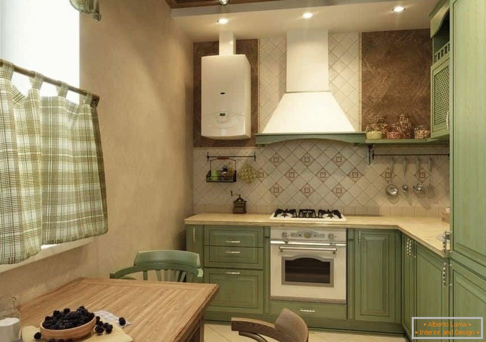 Corner kitchen in a rustic style with an apron of tile and painted walls