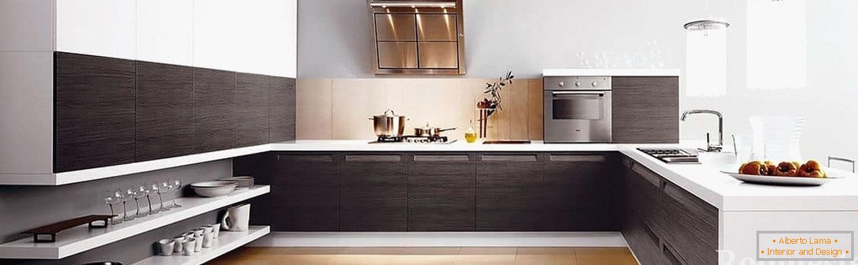 Black and white kitchen in a modern style with low shelves for storing pasuda