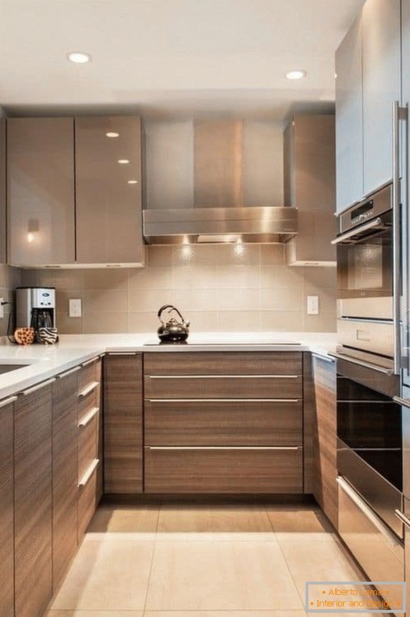 Narrow long kitchen with built-in appliances