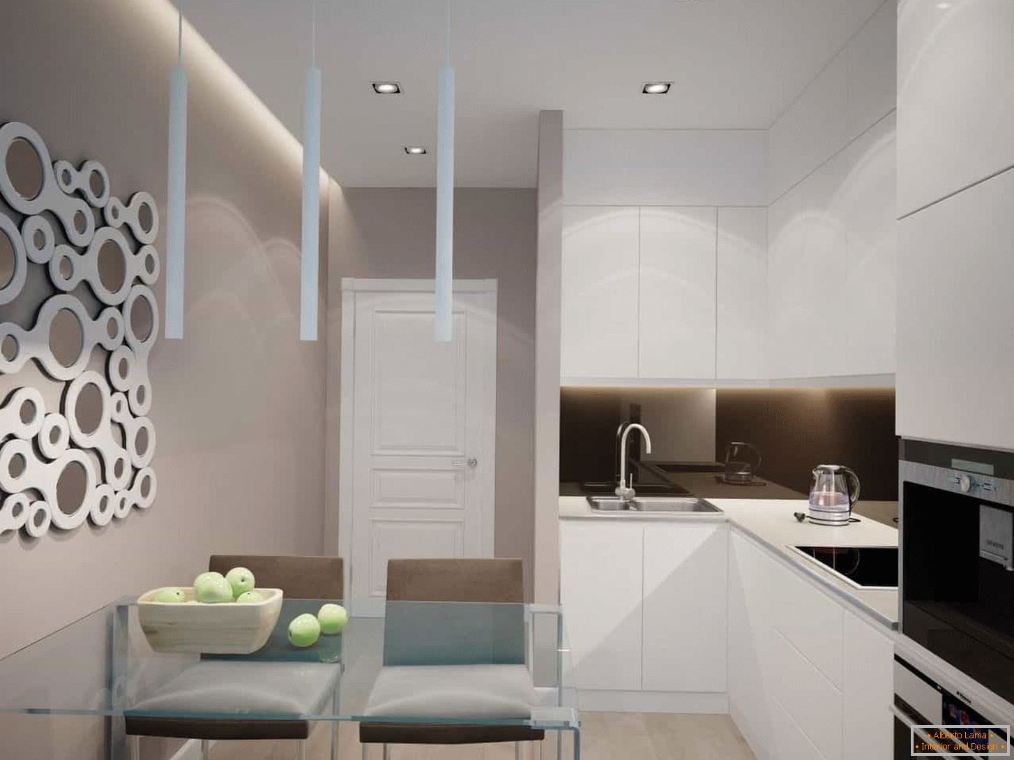 Kitchen white in modern style with built-in appliances
