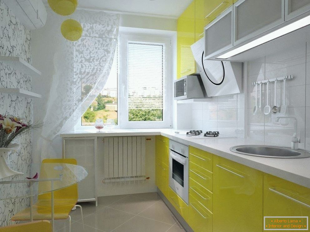 Kitchen interior in white and yellow color