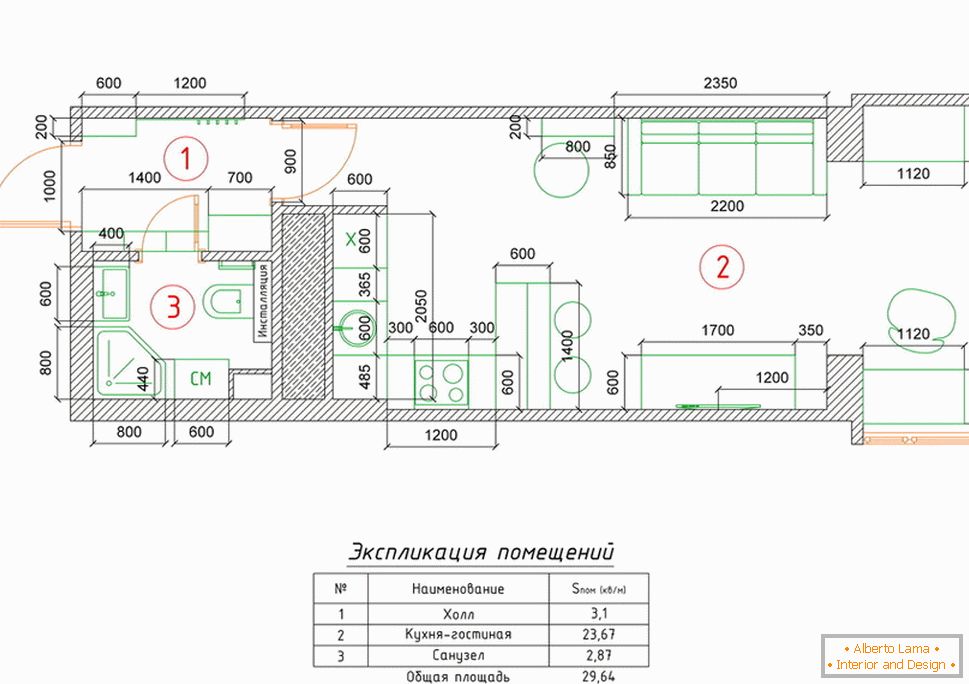 Layout of the apartment 30 square meters. m with red accents