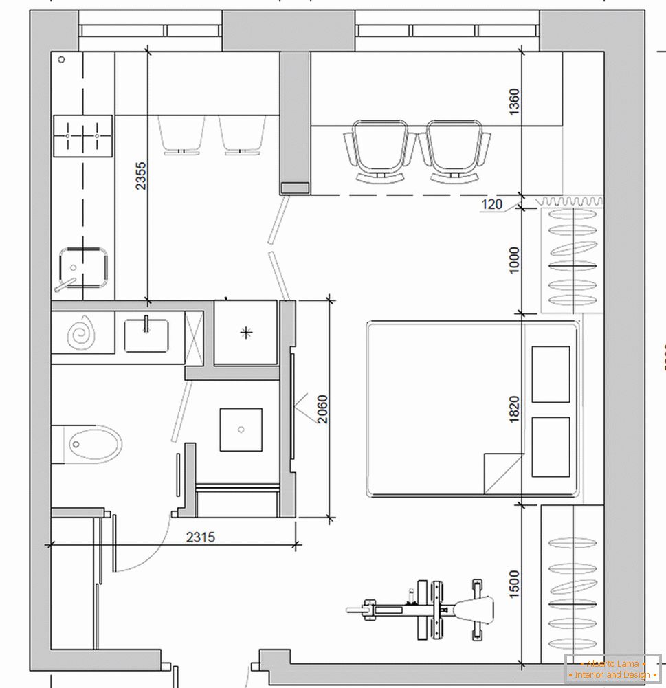 Layout of the apartment 30 square meters. m in pastel colors