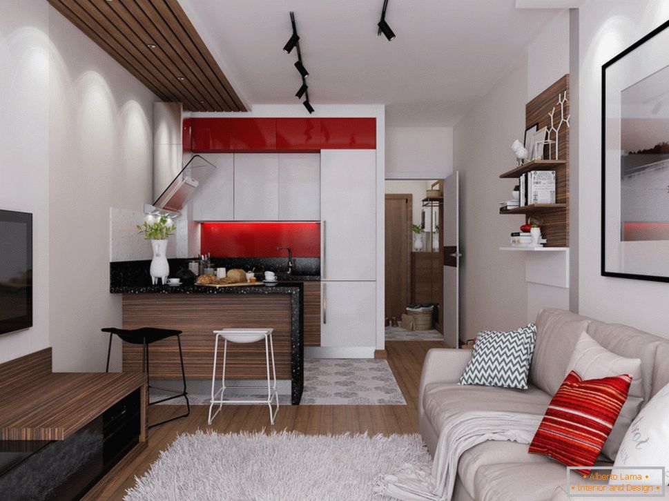 Apartment design 30 sq. M. m with red accents