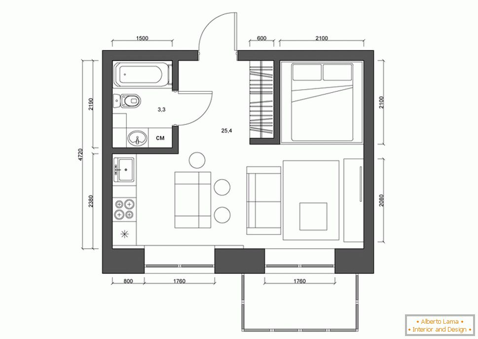 Layout of the apartment 30 square meters. m in black and white