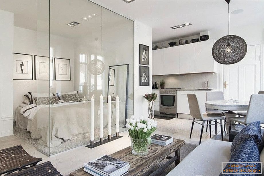 Studio apartment with a glass partition