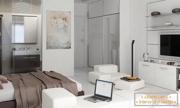 Design studio apartment 25 sq m in white color and light colors