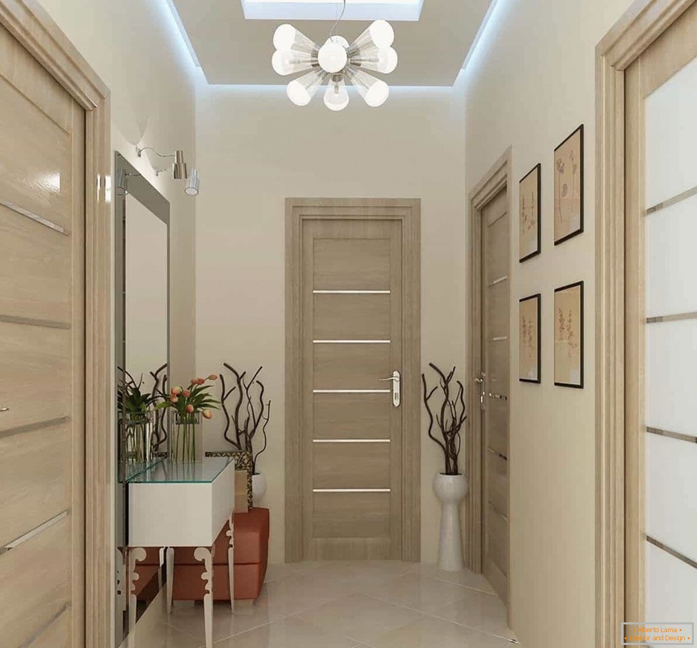 Light corridor, a combination of colors of walls and doors