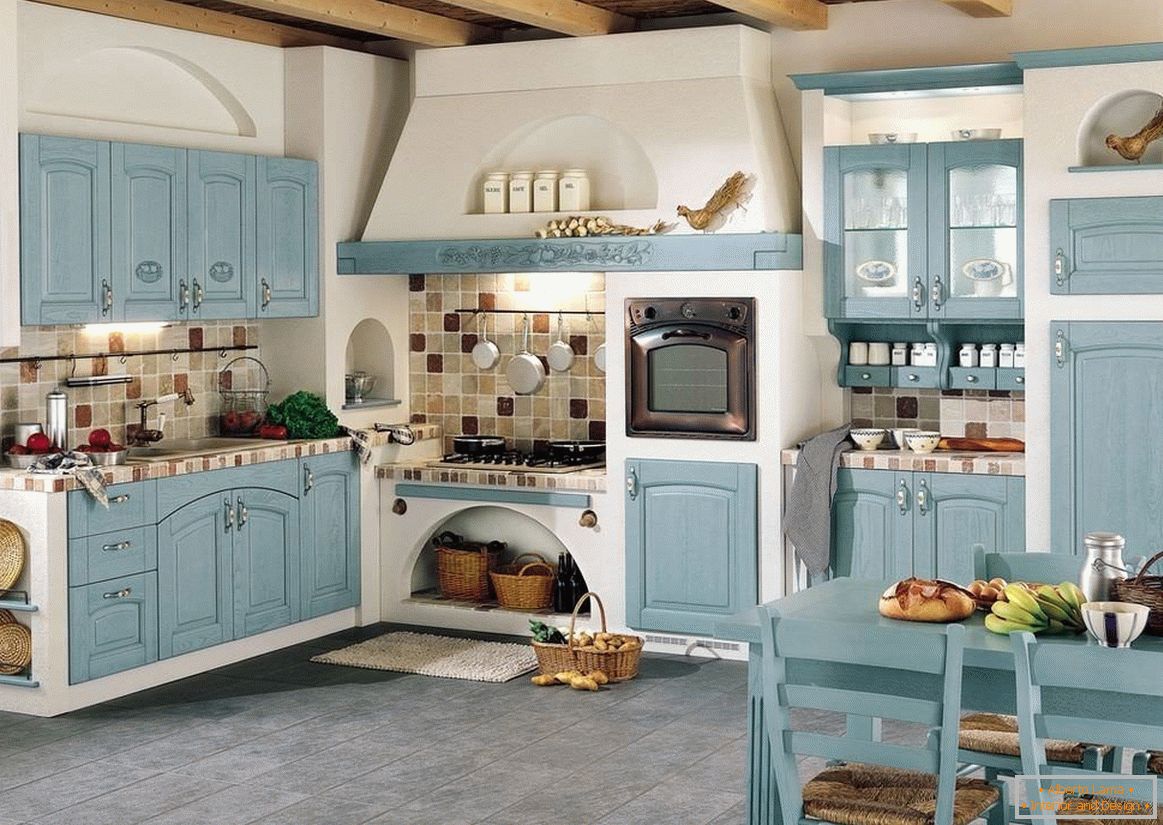 Blue facades in a white kitchen