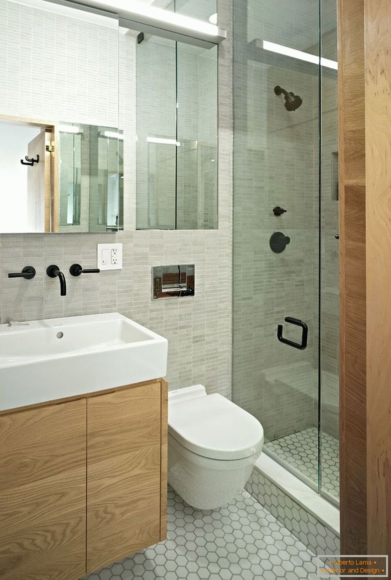 A bathroom of a small studio apartment in New York