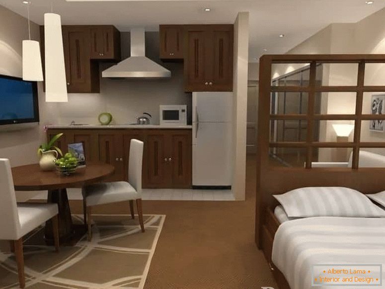 On this design you can see how to separate the sleeping place in a small apartment