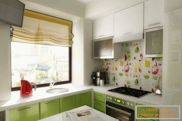 Small photo rooms - design of white and green kitchen in the apartment