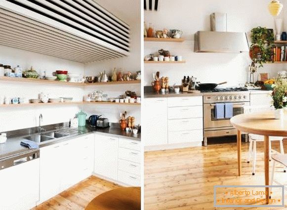 Scandinavian kitchen design in Khrushchev - in the photo with open shelves