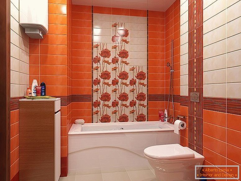Orange tiles in the interior of a small bathroom