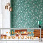 Combination of turquoise wallpaper with wooden furniture