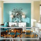 Turquoise color on the wall and furniture - a bright solution for the kitchen in light colors