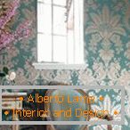 Turquoise wallpaper with a damask pattern