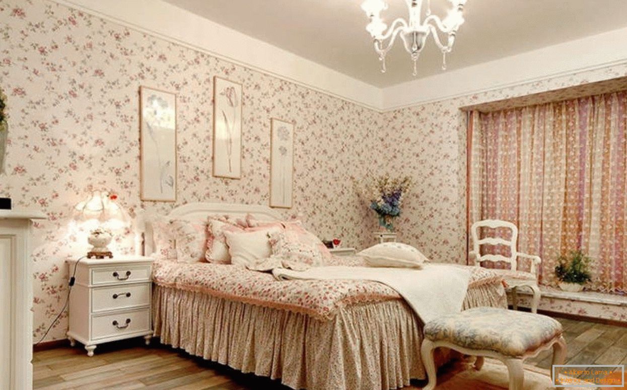 Bedroom in Provence style with wallpaper