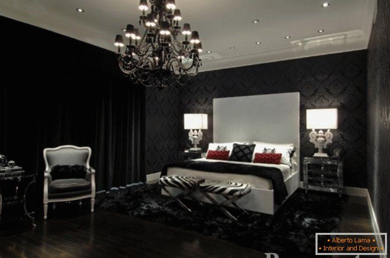 Black wallpapers in a spacious bedroom