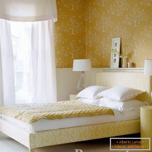 Bedroom with yellow wallpaper