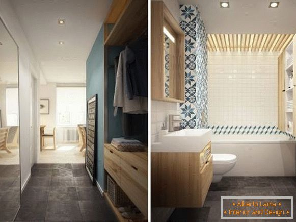 Photo of an anteroom and a bathroom in the design of an apartment of 40 sq m