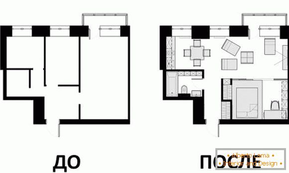 Design apartment design 40 sq m - drawing before and after