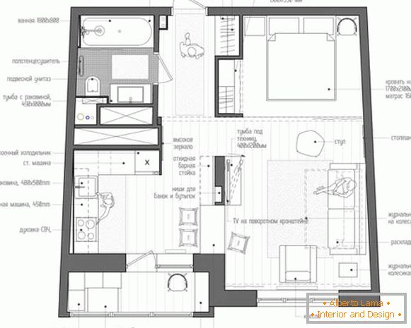 Photo design project of one-room apartment of 40 sq m