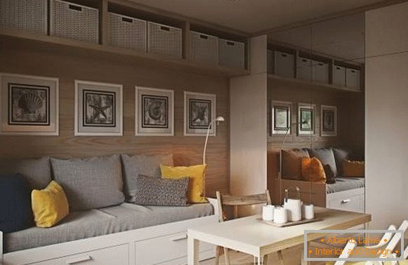 Minimalist interior design of a one-room apartment of 40 sq m