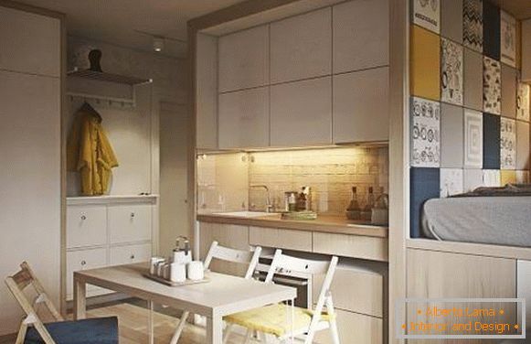 Fashionable design of one-room apartment of 40 sq. M - photo of kitchen and bedroom