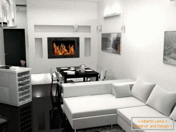 One-room interior in black and white colors - studio apartment photo