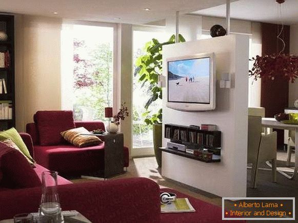 Design of a one-room apartment - divided into two zones by a partition with TV