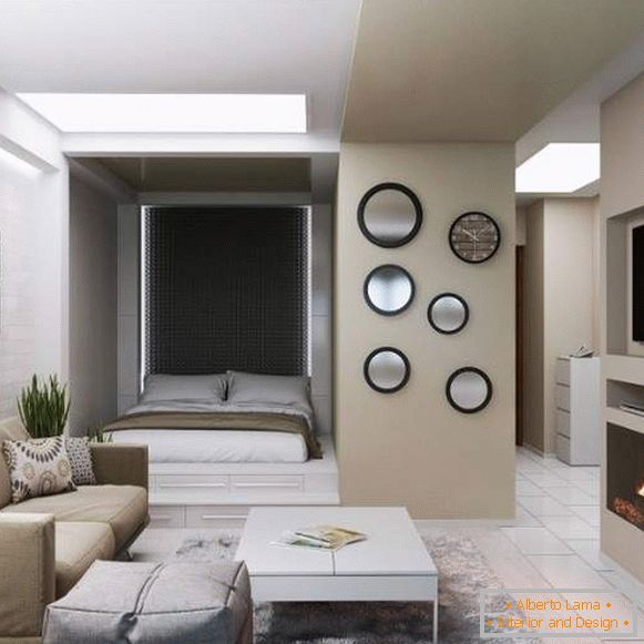 Interior design of one-room apartment with sleeping area