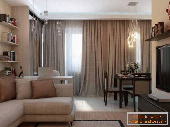 Design of a one-room apartment of 35 sq. M - a living room with a kitchen and a dining room