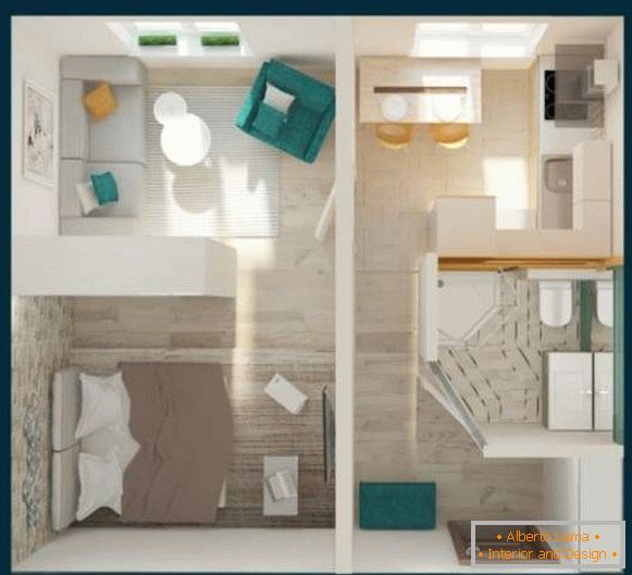 Design project of one-room apartment of a square layout