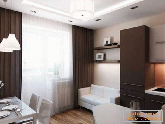 Design of a small one-room apartment: a kitchen in the hall and a separate bedroom