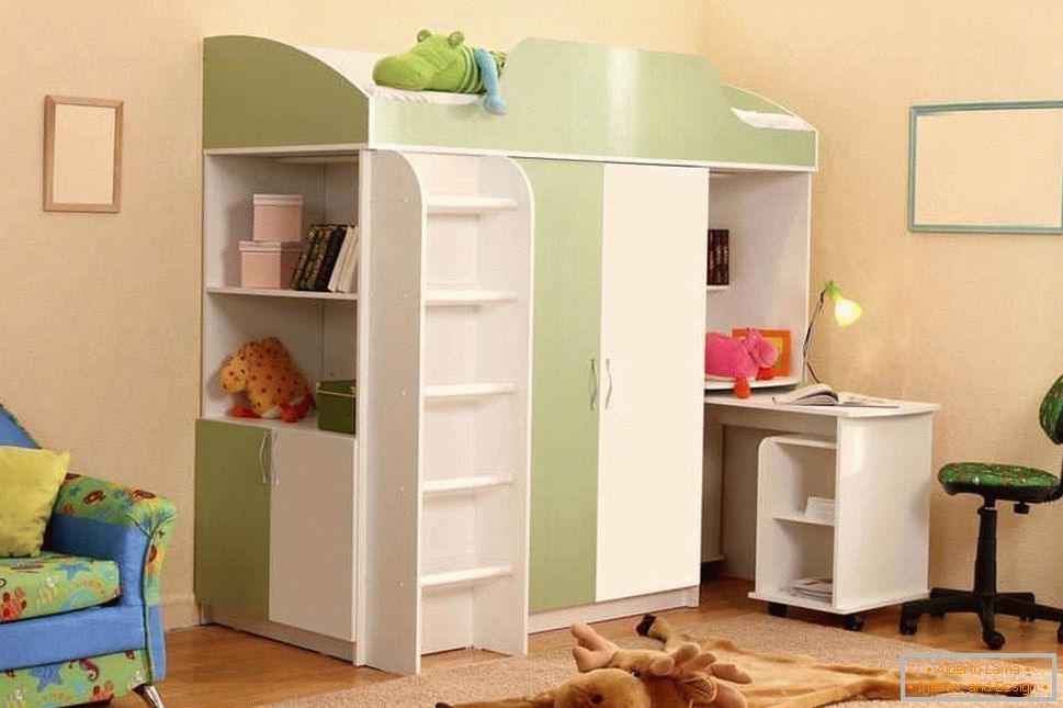 A room with a children's closet-bed