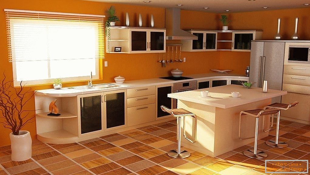 Spacious orange kitchen
