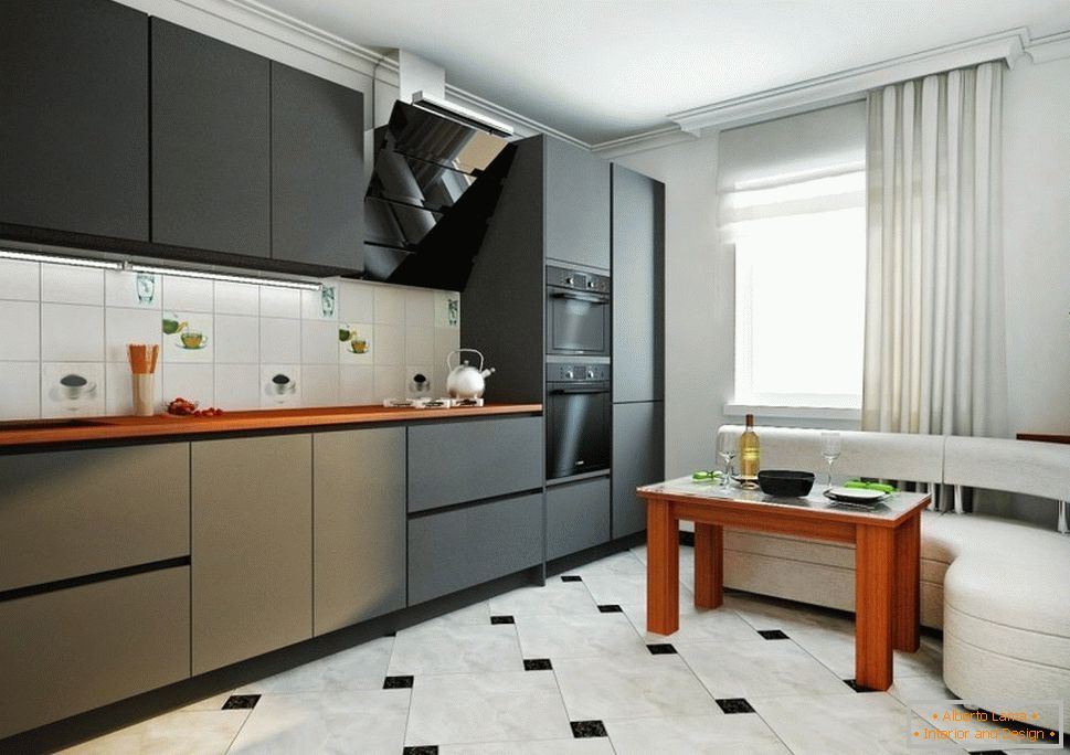 Black furniture and white corner in the kitchen