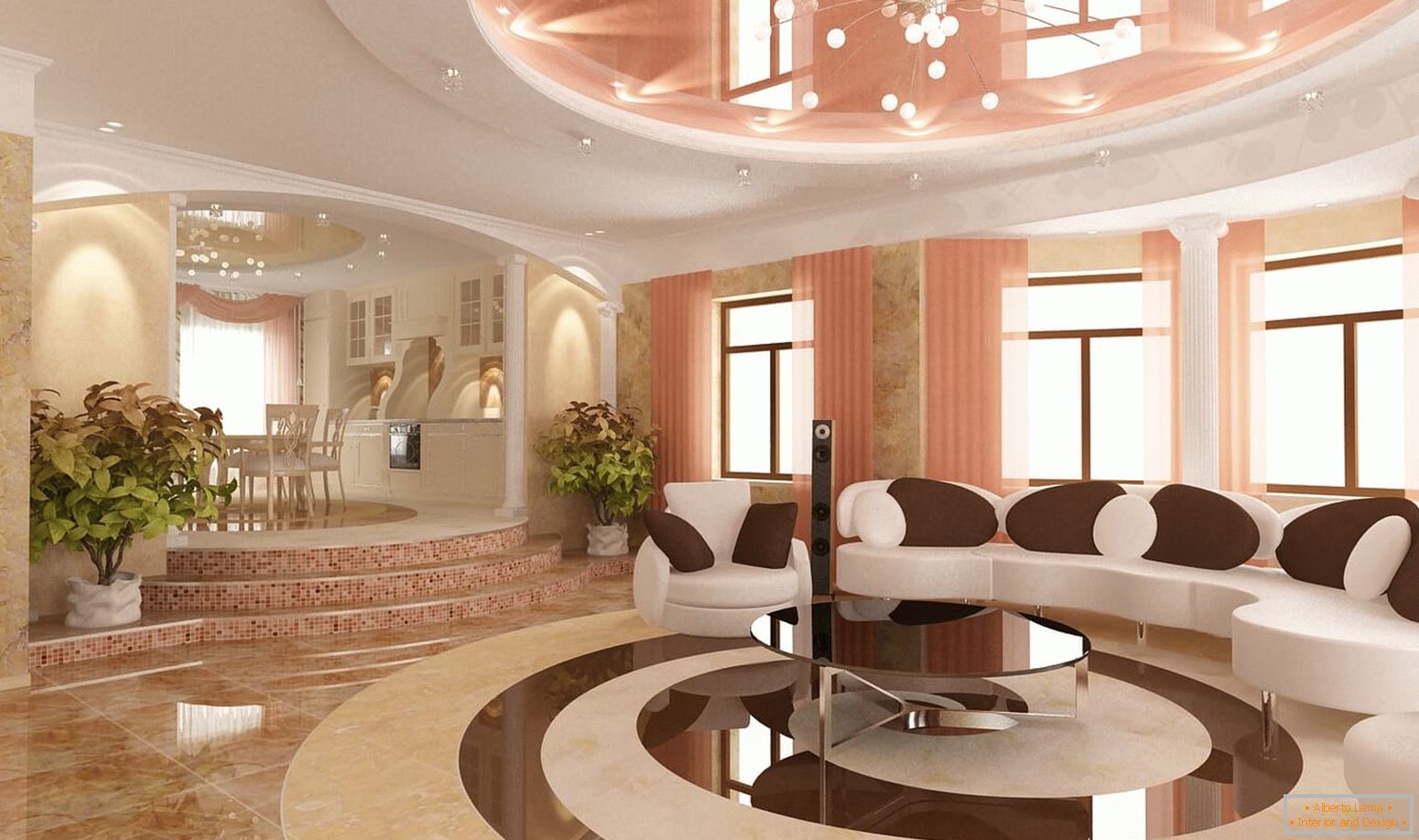 The combination of peach and white in the design of the ceiling