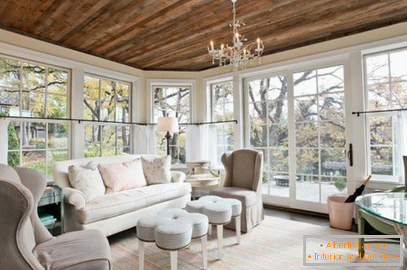 Bright living room with dark ceiling