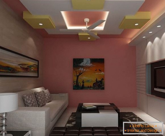 Design of the ceiling from plasterboard on the photo