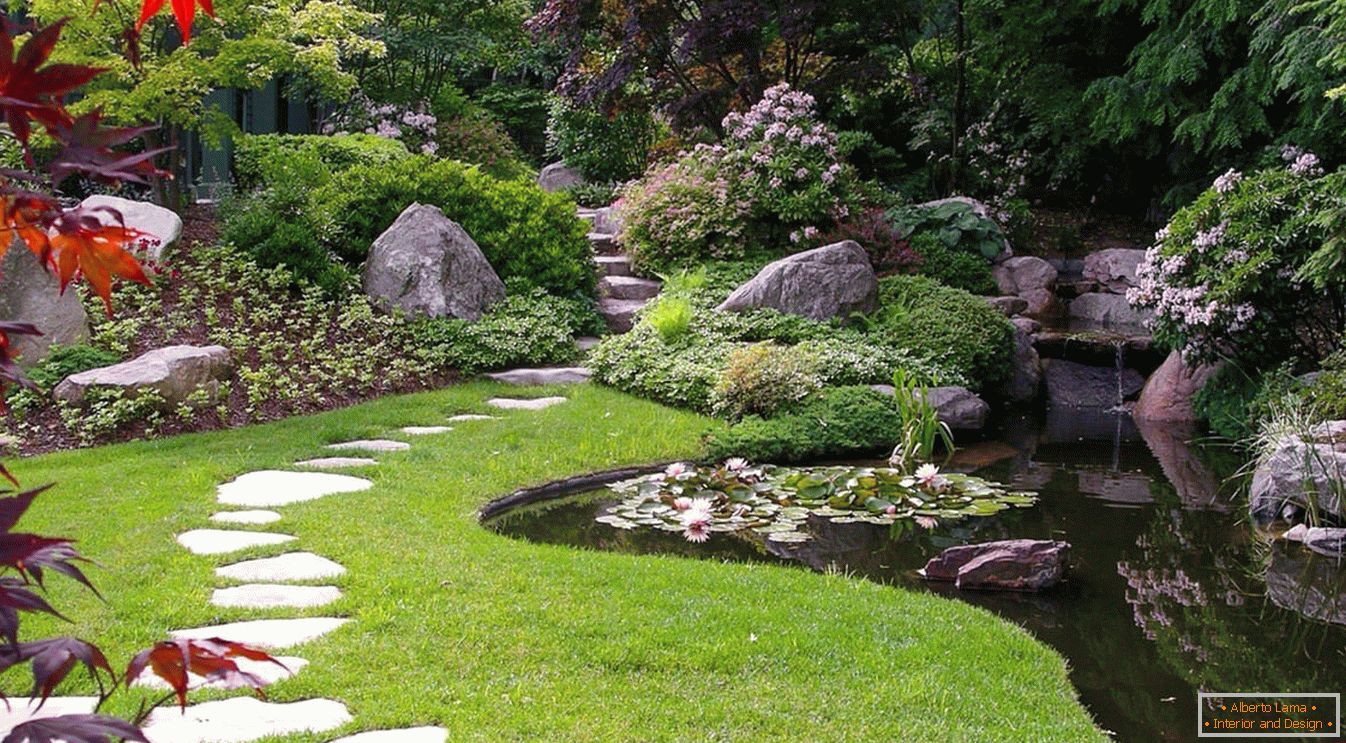 Path from stones and pond