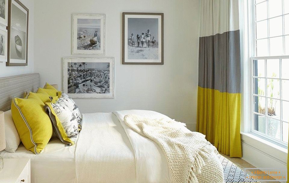 Curtains on the interior of the bedroom in white gray and mustard color combination