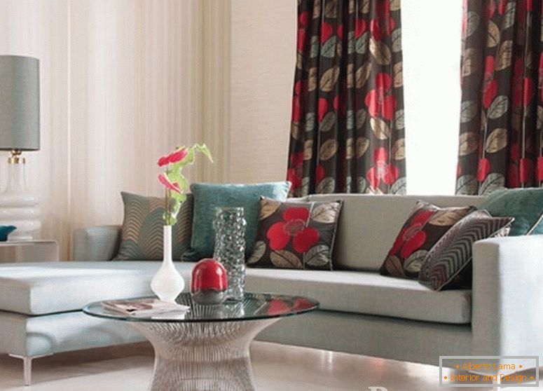 Pillows on the sofa and curtains from one fabric