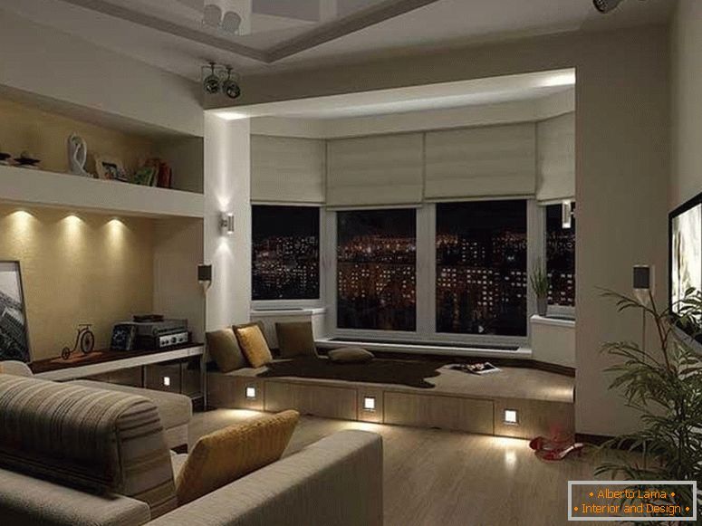 Built-in lamps in the floor and shelves of the bedroom-living room